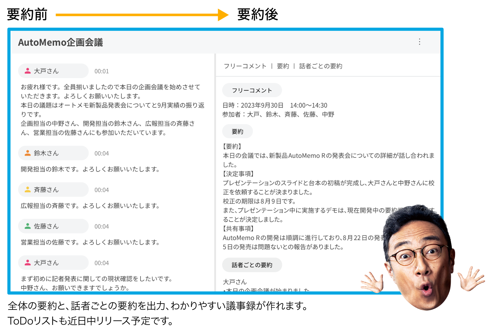 要約前と要約後を比較した画面の画像